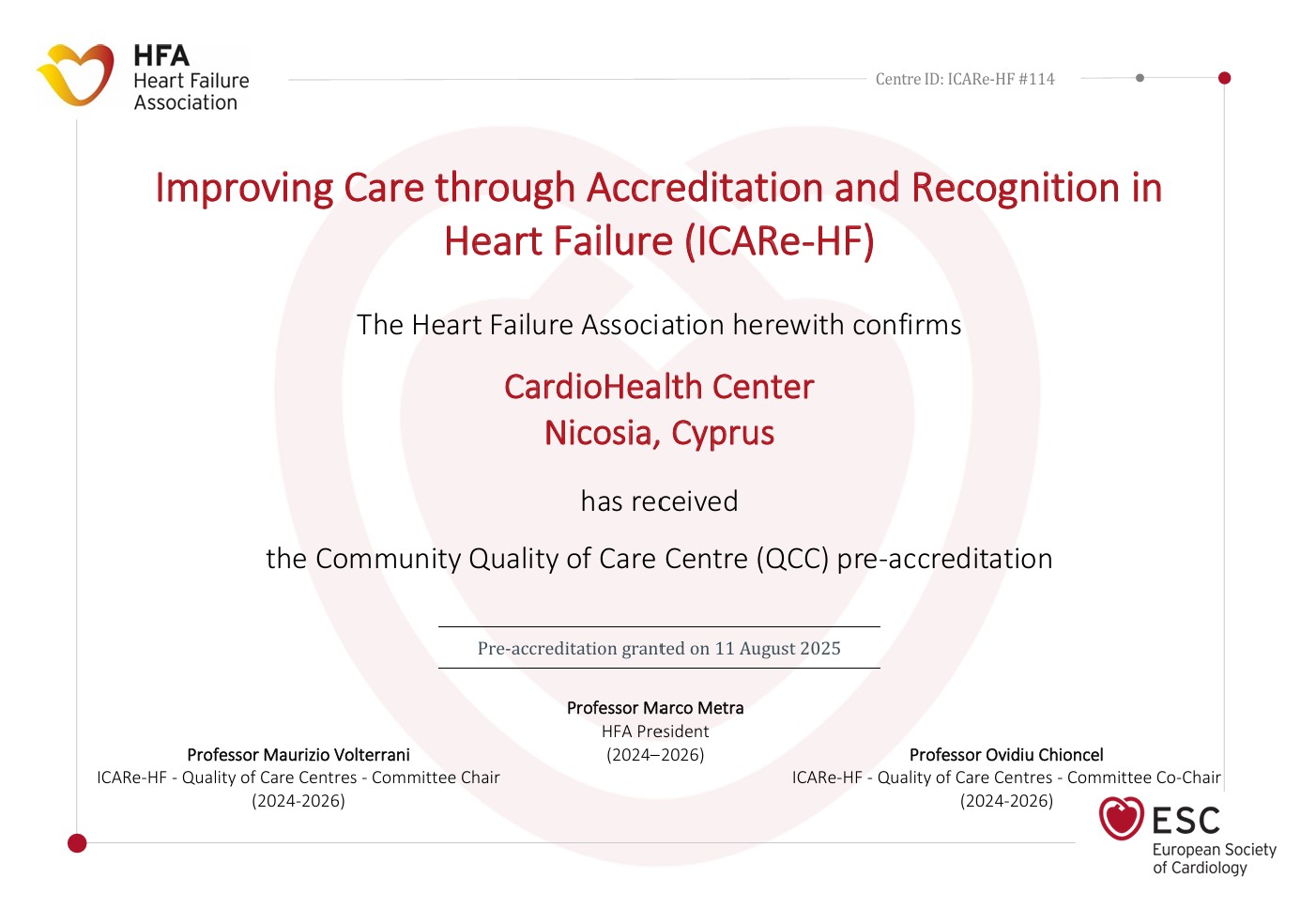 CardioHealth Center,Nicosia, Cyprus, ICARe-HF pre-accreditation